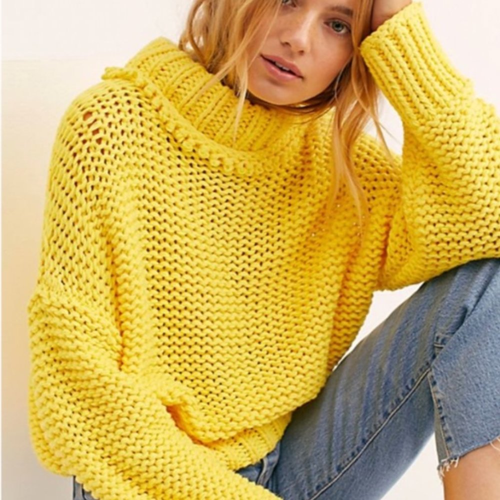 FREE PEOPLE My Only Sunshine Chunky Yellow Knit Mock Neck Sweater S BNWOT